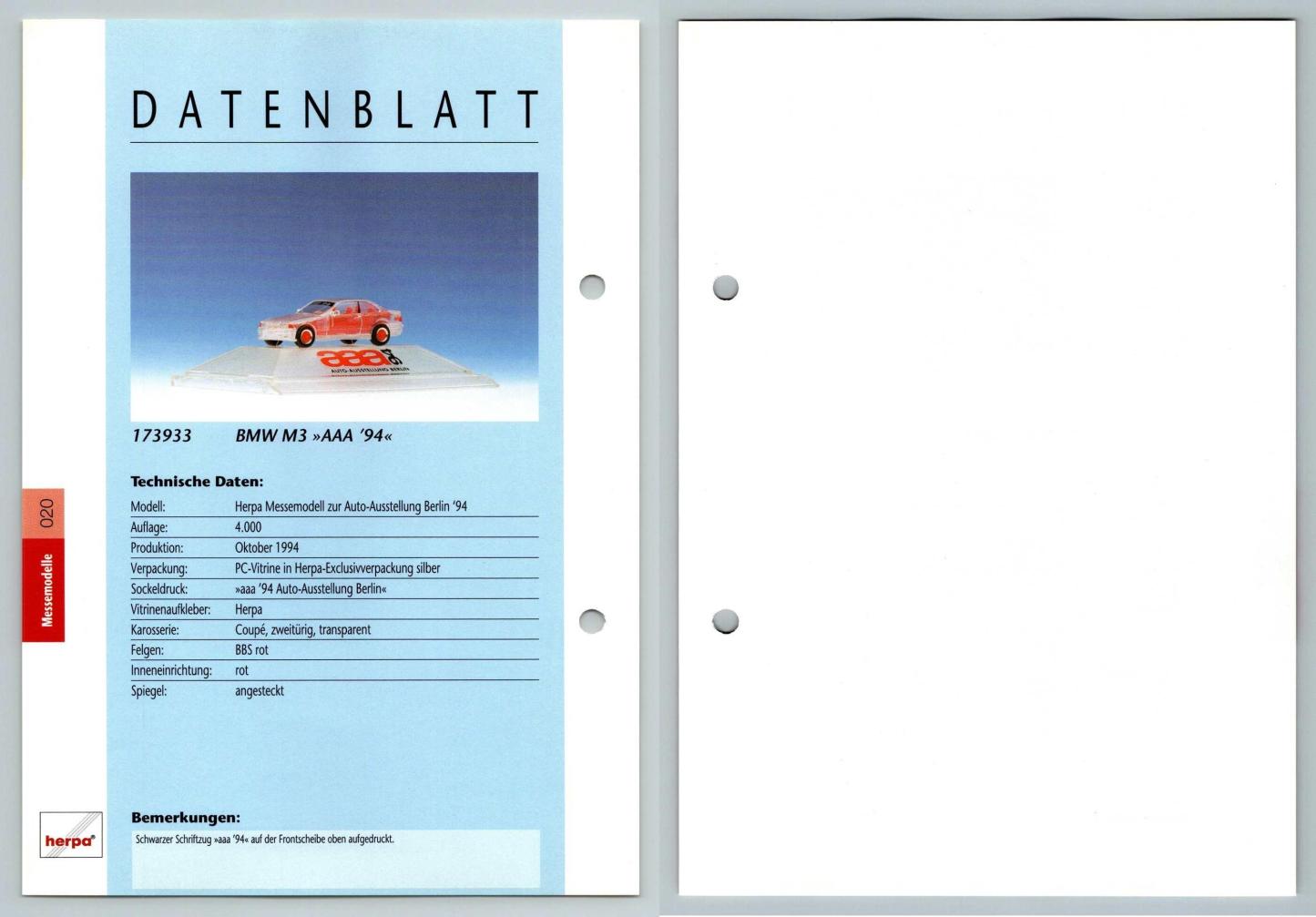 BMW M3 #20 Messemodelle - Herpa Data Sheet-Breakoutcards