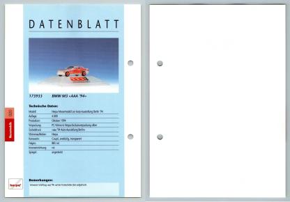 BMW M3 #20 Messemodelle - Herpa Data Sheet-Breakoutcards