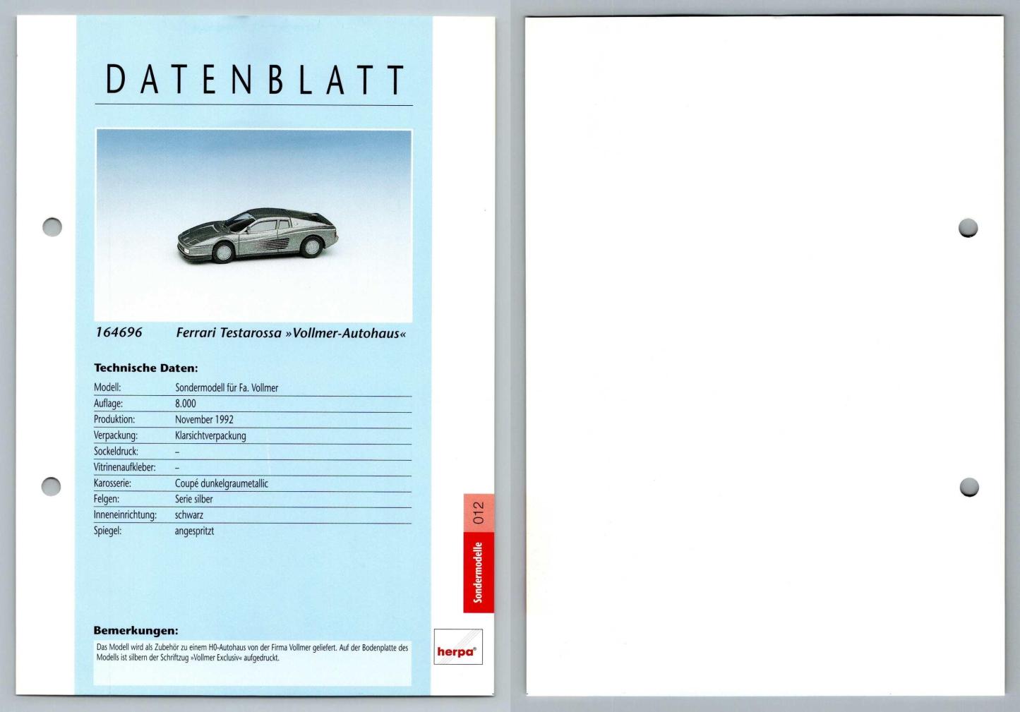 Ferrari Testarossa #12 Sondermodelle - Herpa Data Sheet-Breakoutcards