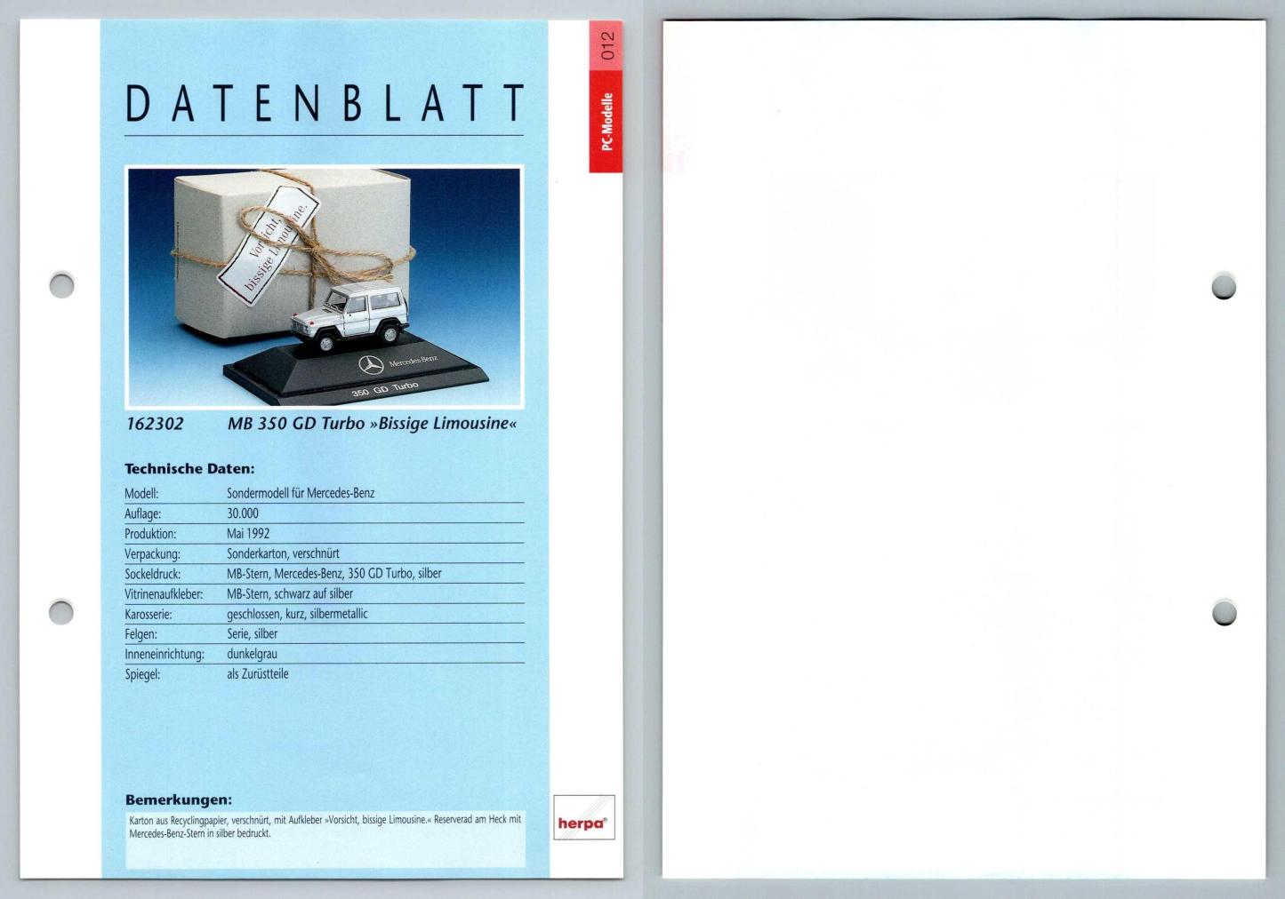 Mercedes Benz 350 G Turbo #12 PC-Modelle - Herpa Data Sheet-Breakoutcards