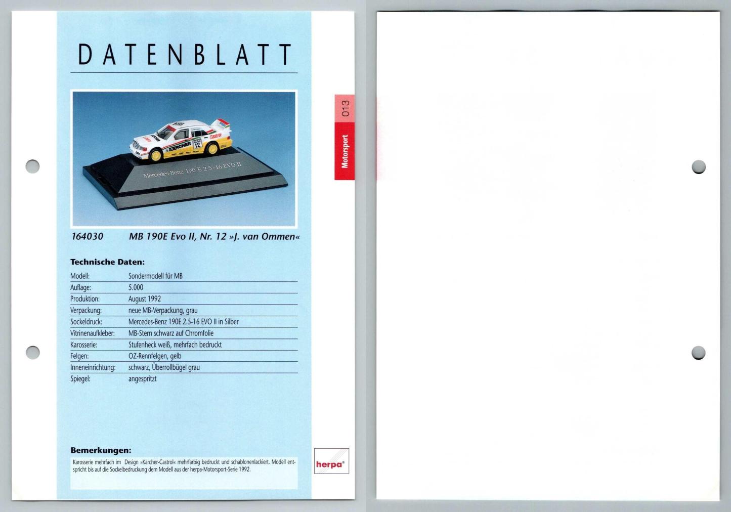 Mercedes Benz 190E Evo II Van Ommen #13 Motorsport - Herpa Data Sheet-Breakoutcards