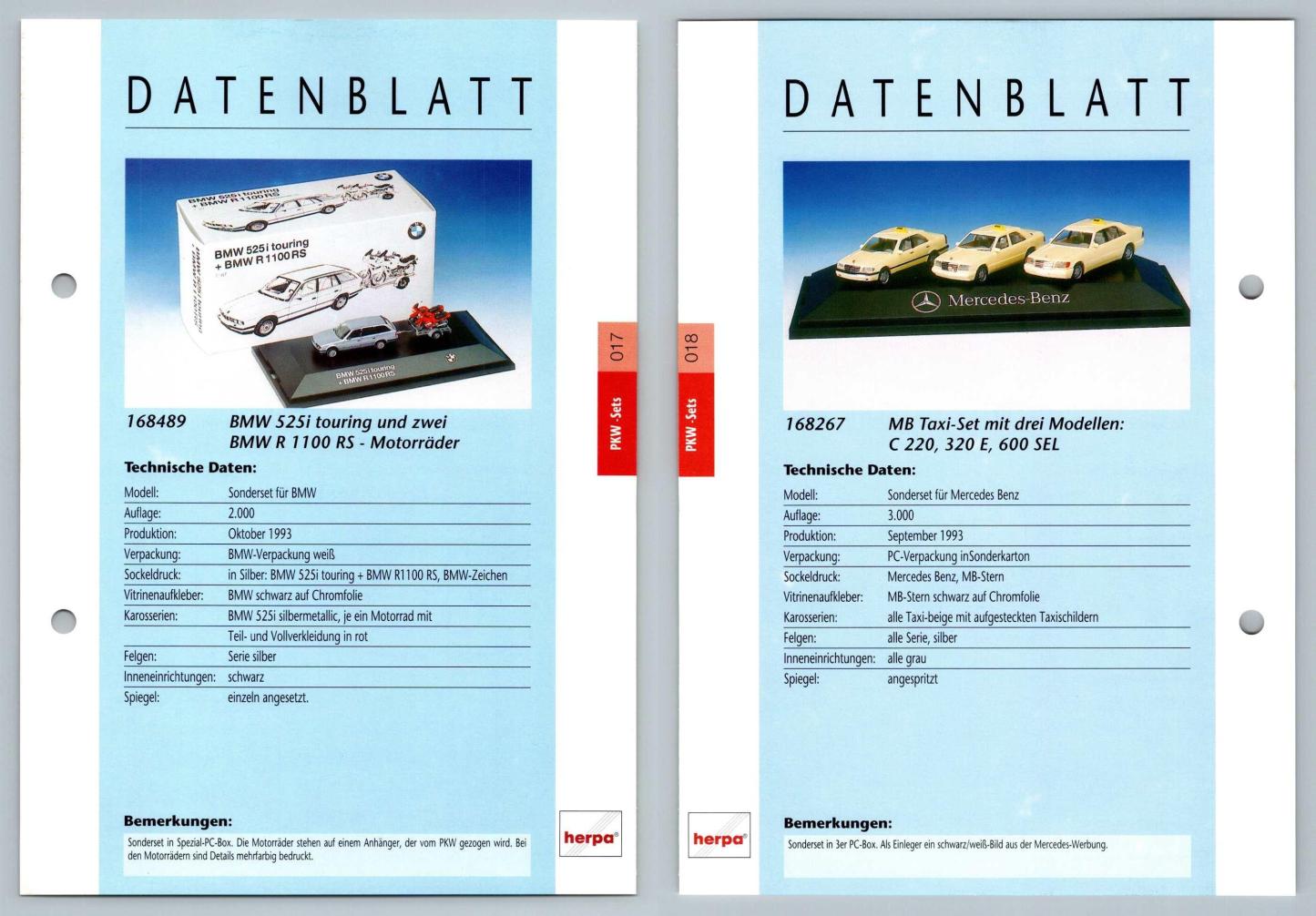 BMW 525i Touring, R 1100RS / MB Taxi #17/18 PKW - Herpa Data Sheet-Breakoutcards