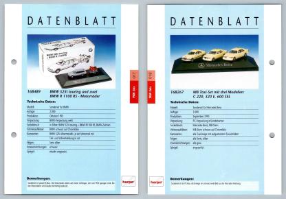 BMW 525i Touring, R 1100RS / MB Taxi #17/18 PKW - Herpa Data Sheet-Breakoutcards
