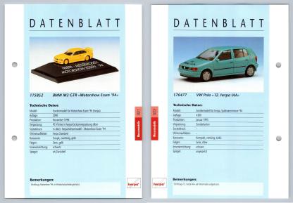 BMW M3 GTR / VW Polo #21/22 Messemodelle - Herpa Data Sheet-Breakoutcards