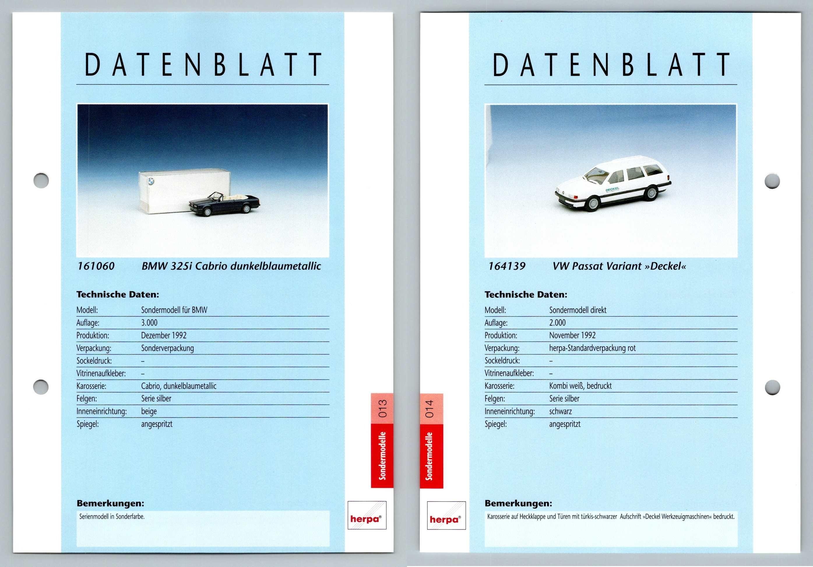BMW 325i Cabrio / VW Passat #13/14 Sondermodelle - Herpa Data Sheet-Breakoutcards