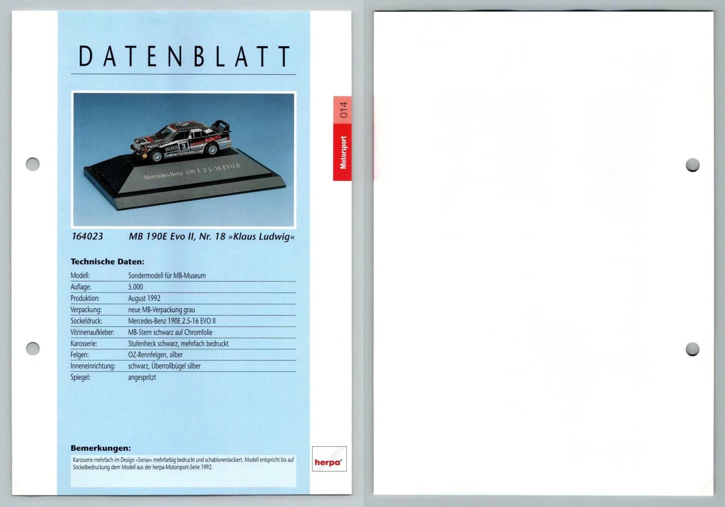 Mercedes Benz 190E Evo II Klaus Ludwig #14 Motorsport - Herpa Data Sheet-Breakoutcards