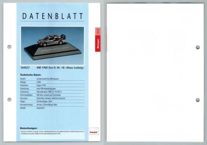 Mercedes Benz 190E Evo II Klaus Ludwig #14 Motorsport - Herpa Data Sheet-Breakoutcards
