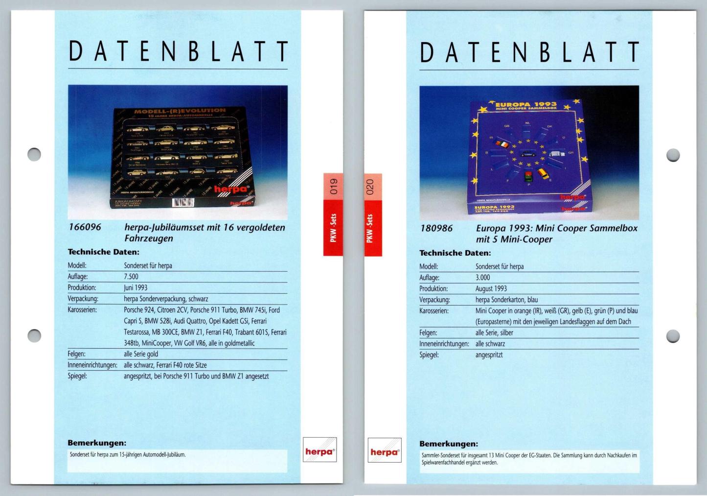 Anniversary Set / Europa #19/20 PKW - Herpa Data Sheet-Breakoutcards