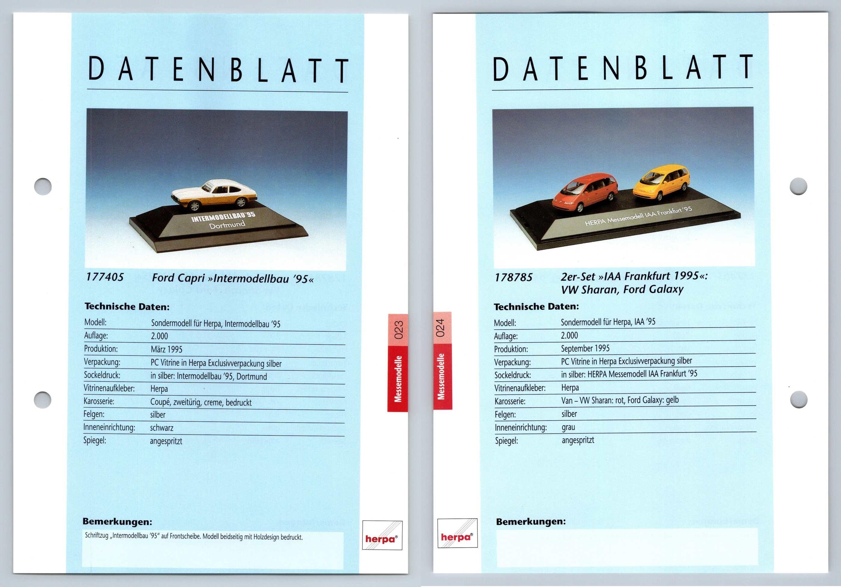 Ford Capri / 2er Set #23/24 Messemodelle - Herpa Data Sheet-Breakoutcards
