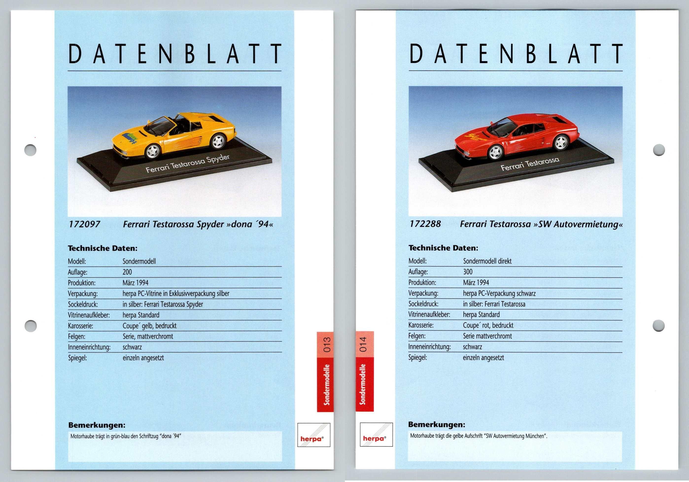 Ferrari Testarossa Spyder / SW #13/14 Sondermodelle - Herpa Data Sheet-Breakoutcards
