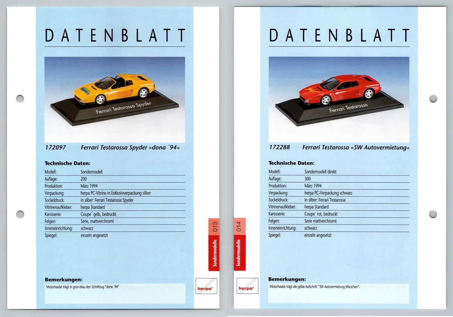 Ferrari Testarossa Spyder / SW #13/14 Sondermodelle - Herpa Data Sheet-Breakoutcards