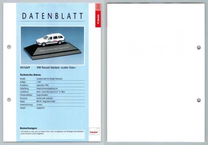 VW Passat - Lotto-Toto #14 PC-Modelle - Herpa Data Sheet-Breakoutcards