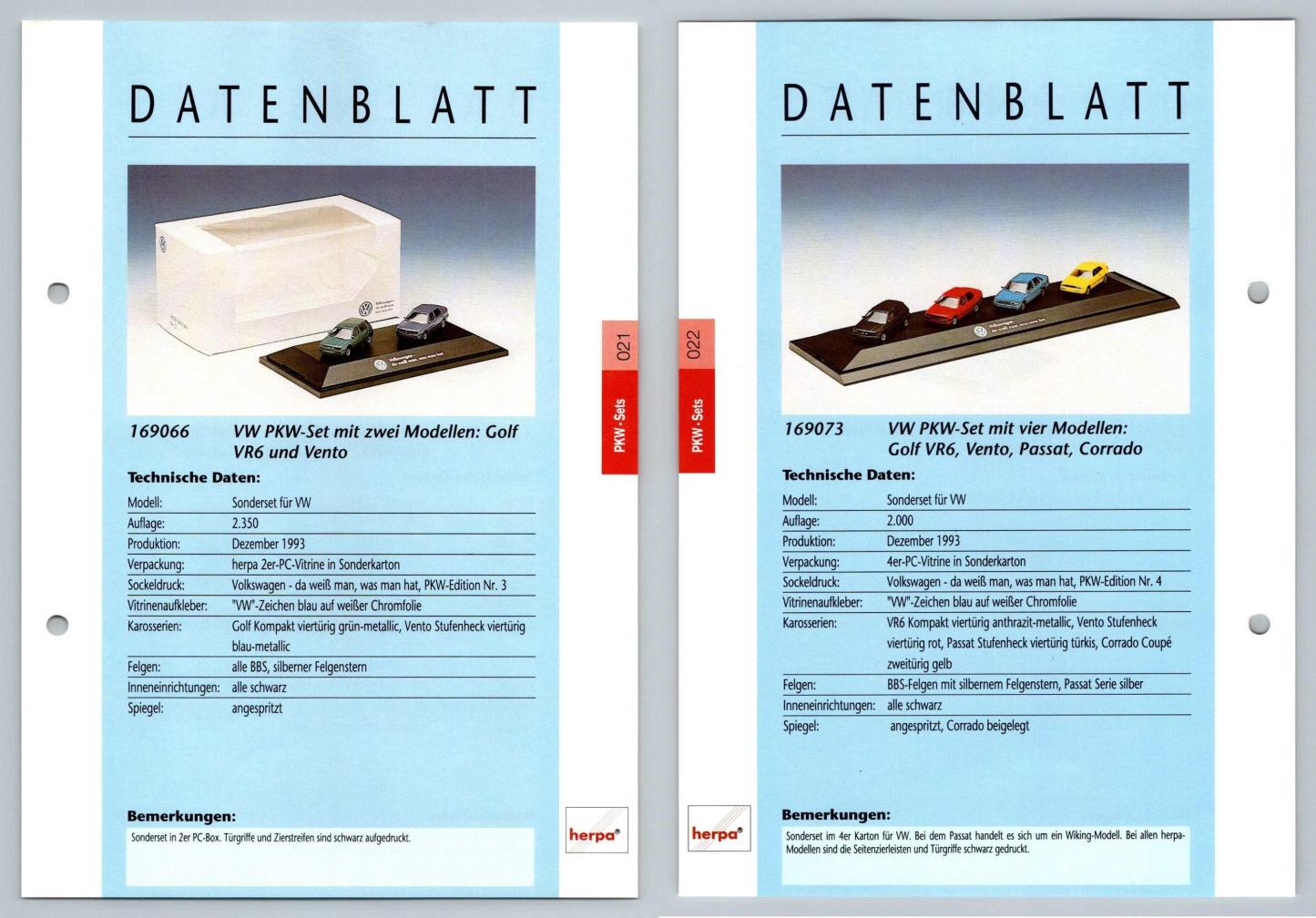VW Golf VR6, Vento / Golf VR6, Corrado #21/22 PKW - Herpa Data Sheet-Breakoutcards