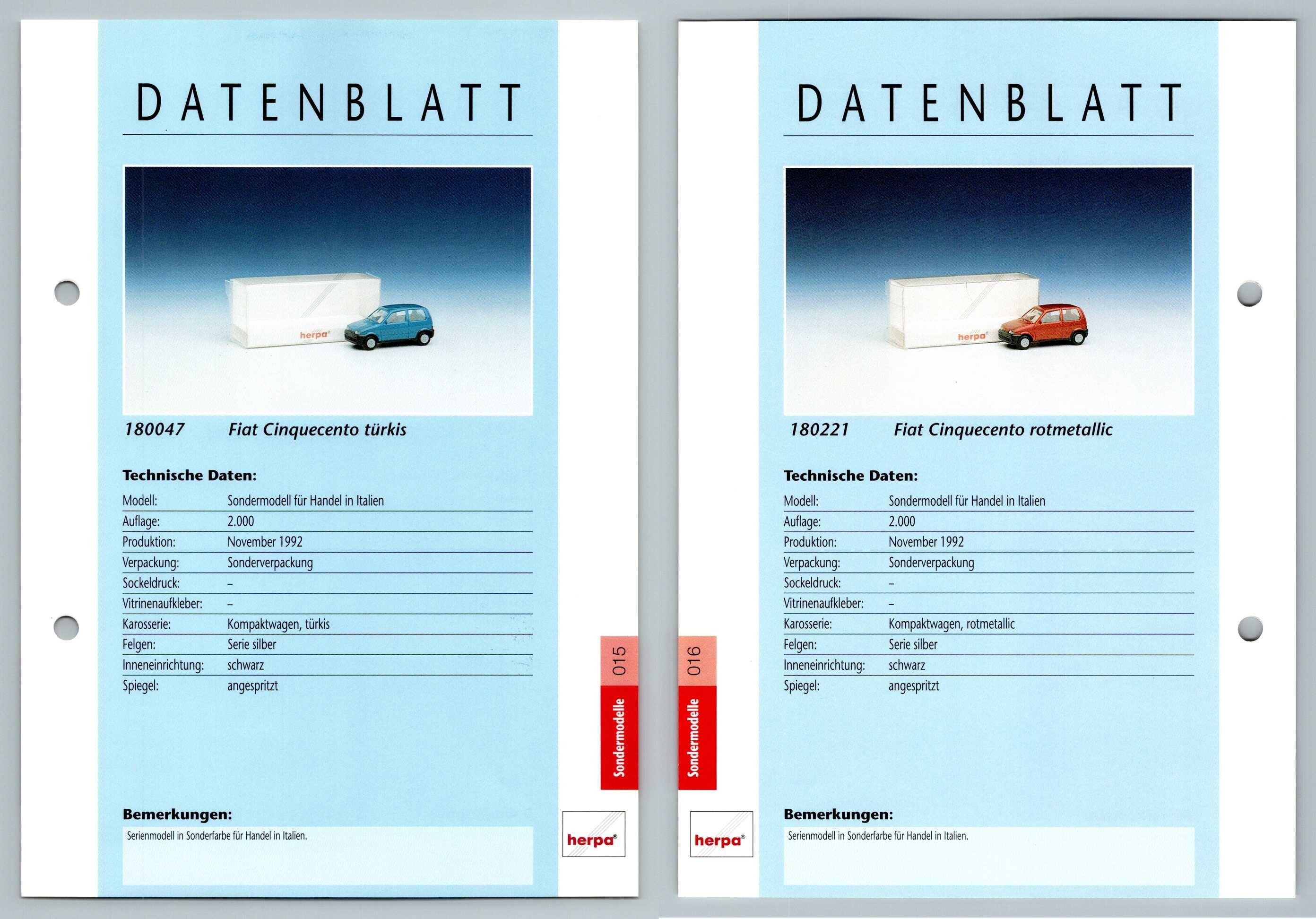 Fiat Cinquecento / Rotmetllic #15/16 Sondermodelle - Herpa Data Sheet-Breakoutcards