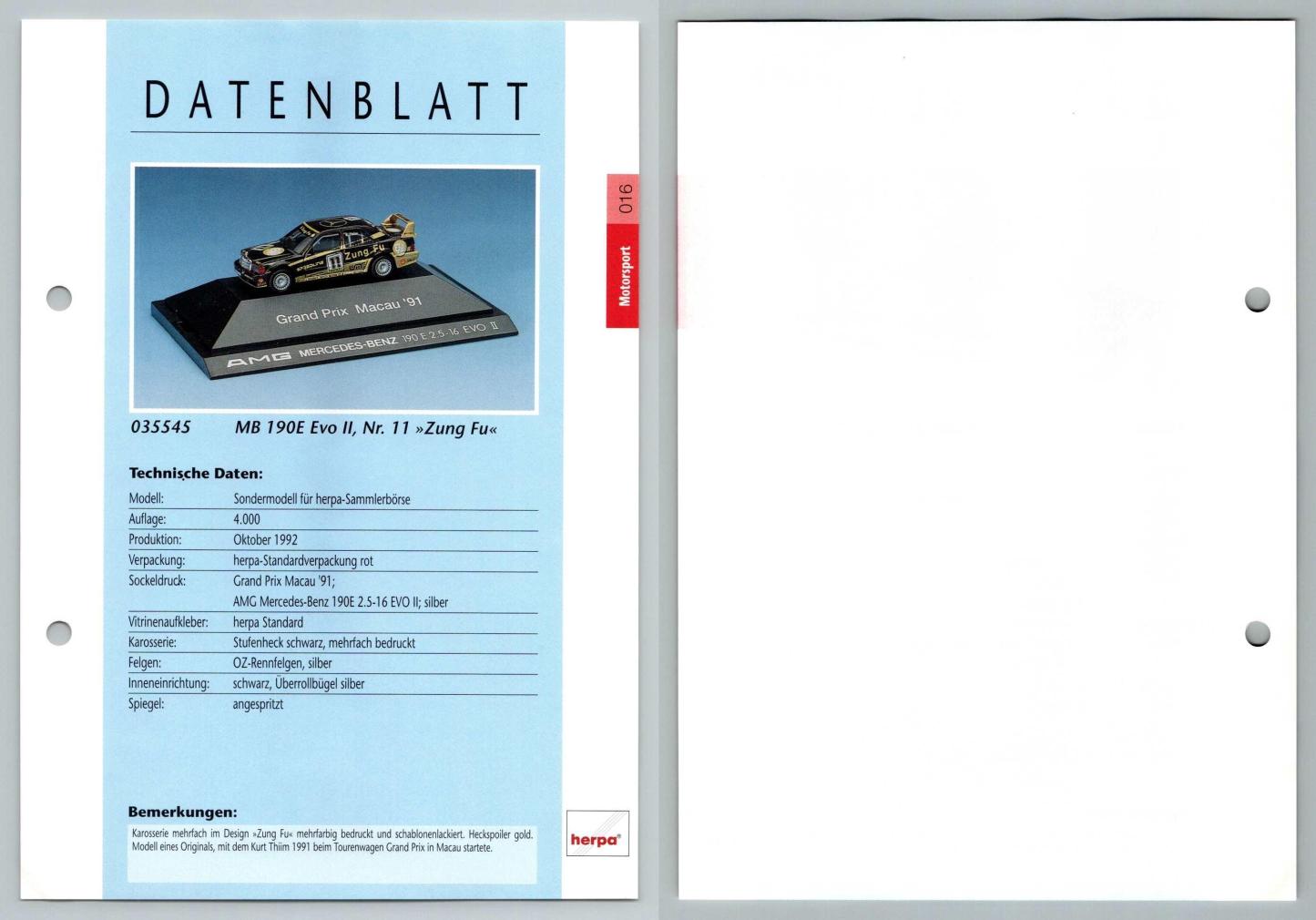 Mercedes Benz 190E Evo II Zung Fu #16 Motorsport - Herpa Data Sheet-Breakoutcards