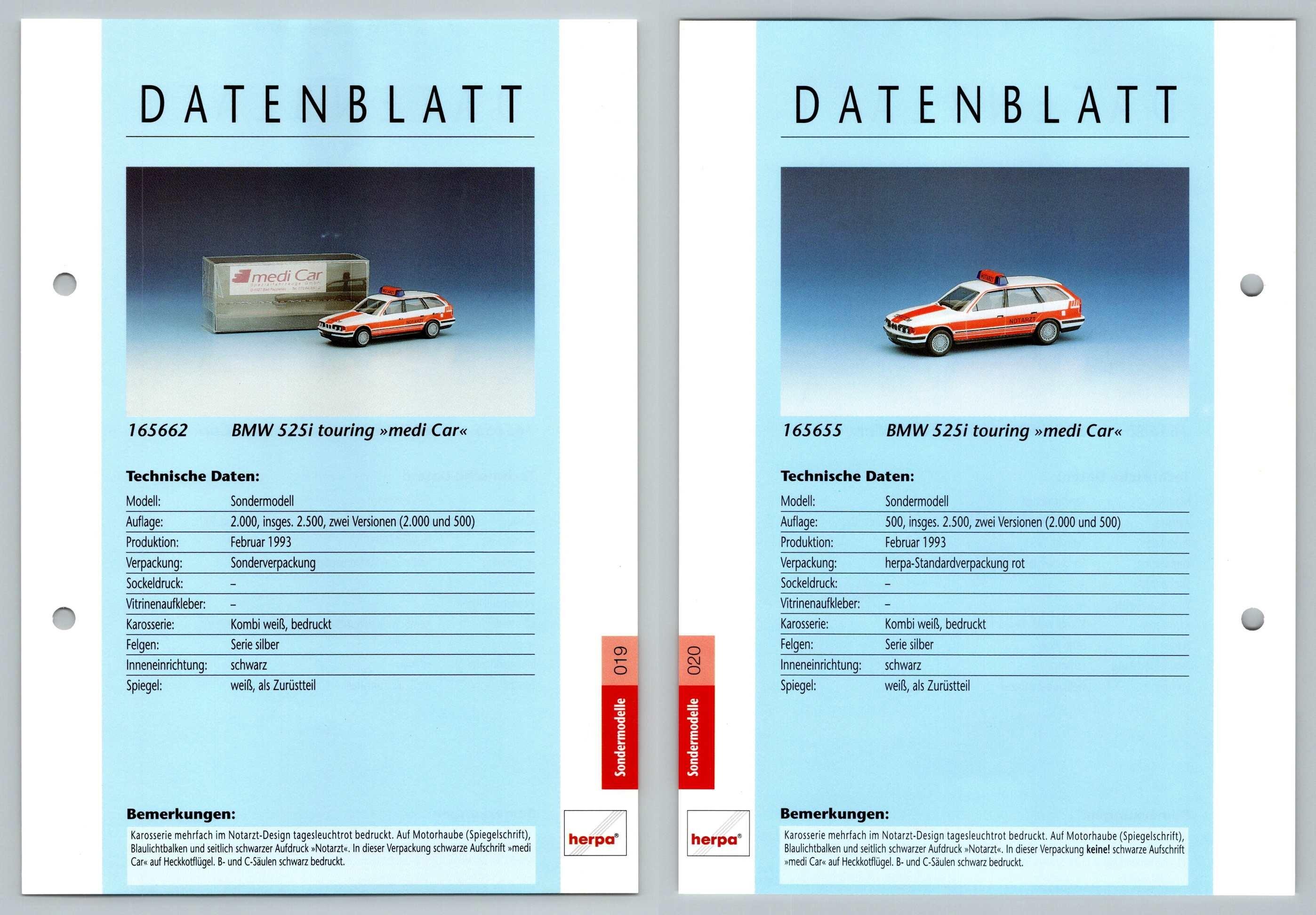 BMW 525i Touring Medi Car #19/20 Sondermodelle - Herpa Data Sheet-Breakoutcards