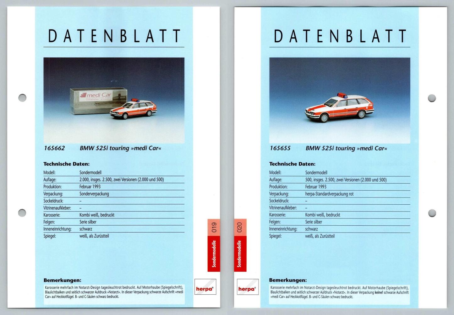 BMW 525i Touring Medi Car #19/20 Sondermodelle - Herpa Data Sheet-Breakoutcards