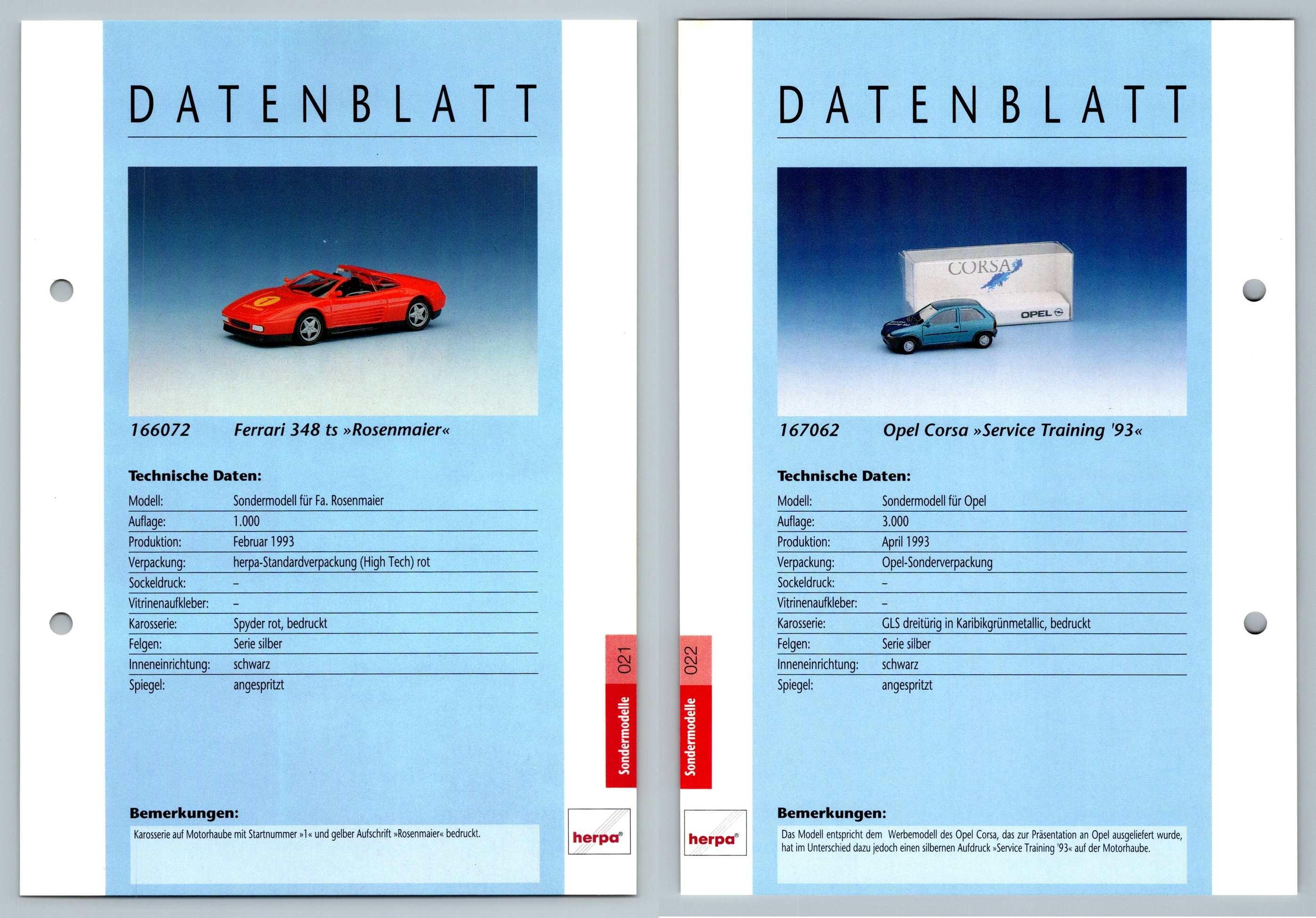 Ferrari 348ts / Opel Corsa #21/22 Sondermodelle - Herpa Data Sheet-Breakoutcards