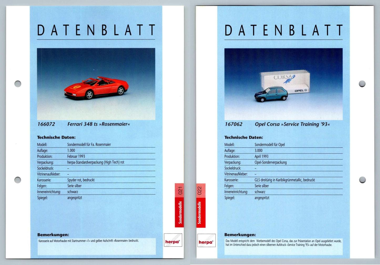 Ferrari 348ts / Opel Corsa #21/22 Sondermodelle - Herpa Data Sheet-Breakoutcards