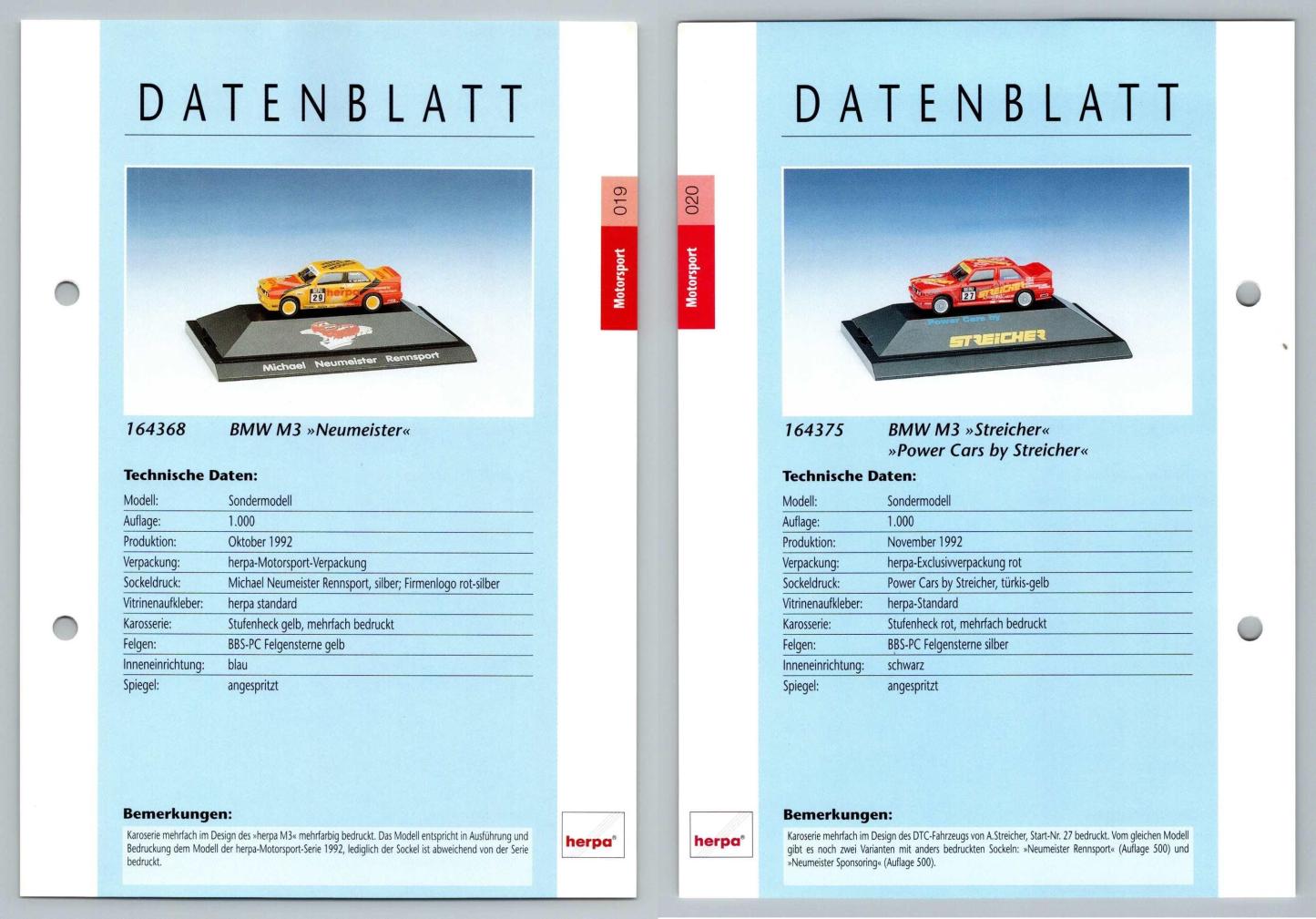 BMW M3 Neumeister / Streicher #19/20 Motorsport - Herpa Data Sheet-Breakoutcards