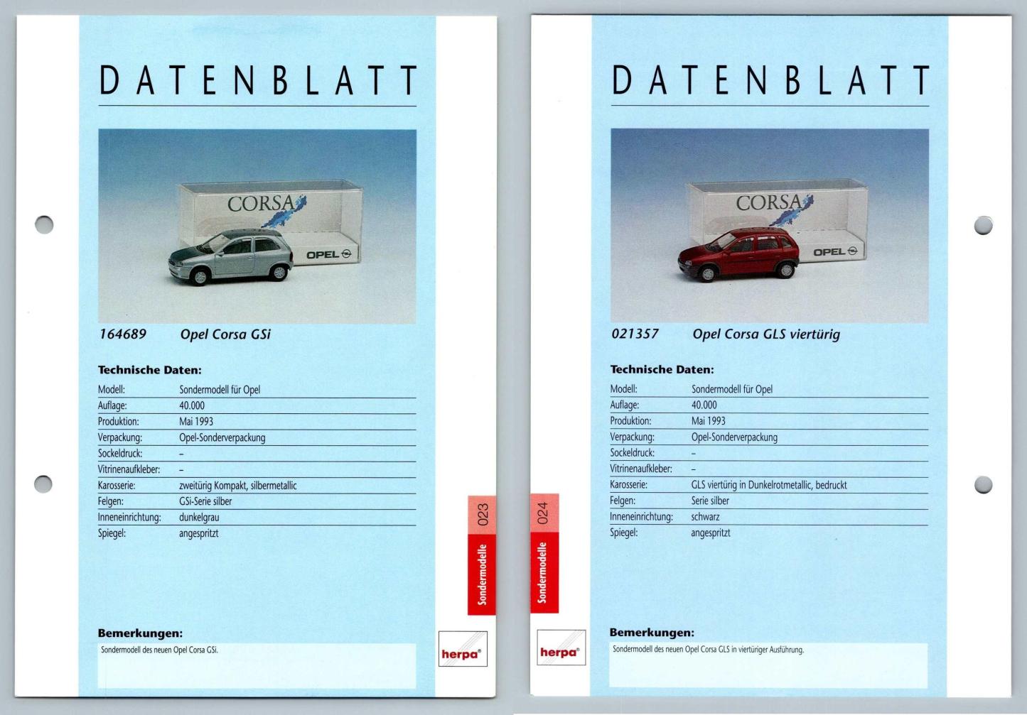 Opel Corsa GSi / GLS #23/24 Sondermodelle - Herpa Data Sheet-Breakoutcards
