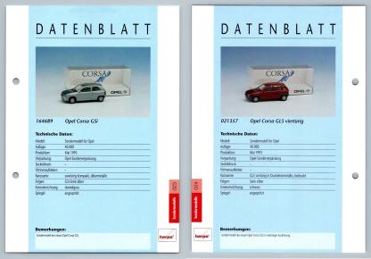 Opel Corsa GSi / GLS #23/24 Sondermodelle - Herpa Data Sheet-Breakoutcards