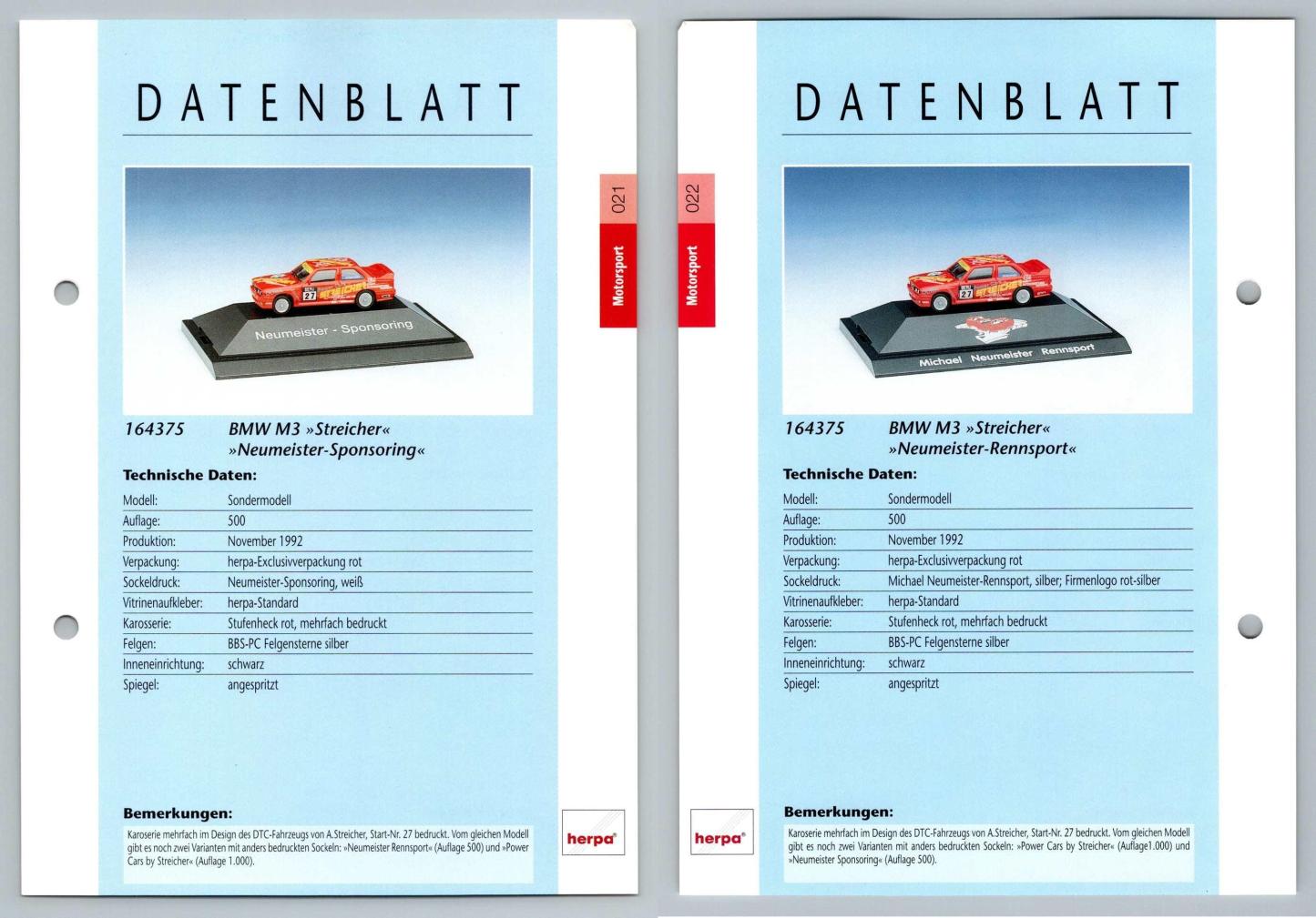BMW M3 Streicher #21/22 Motorsport - Herpa Data Sheet-Breakoutcards
