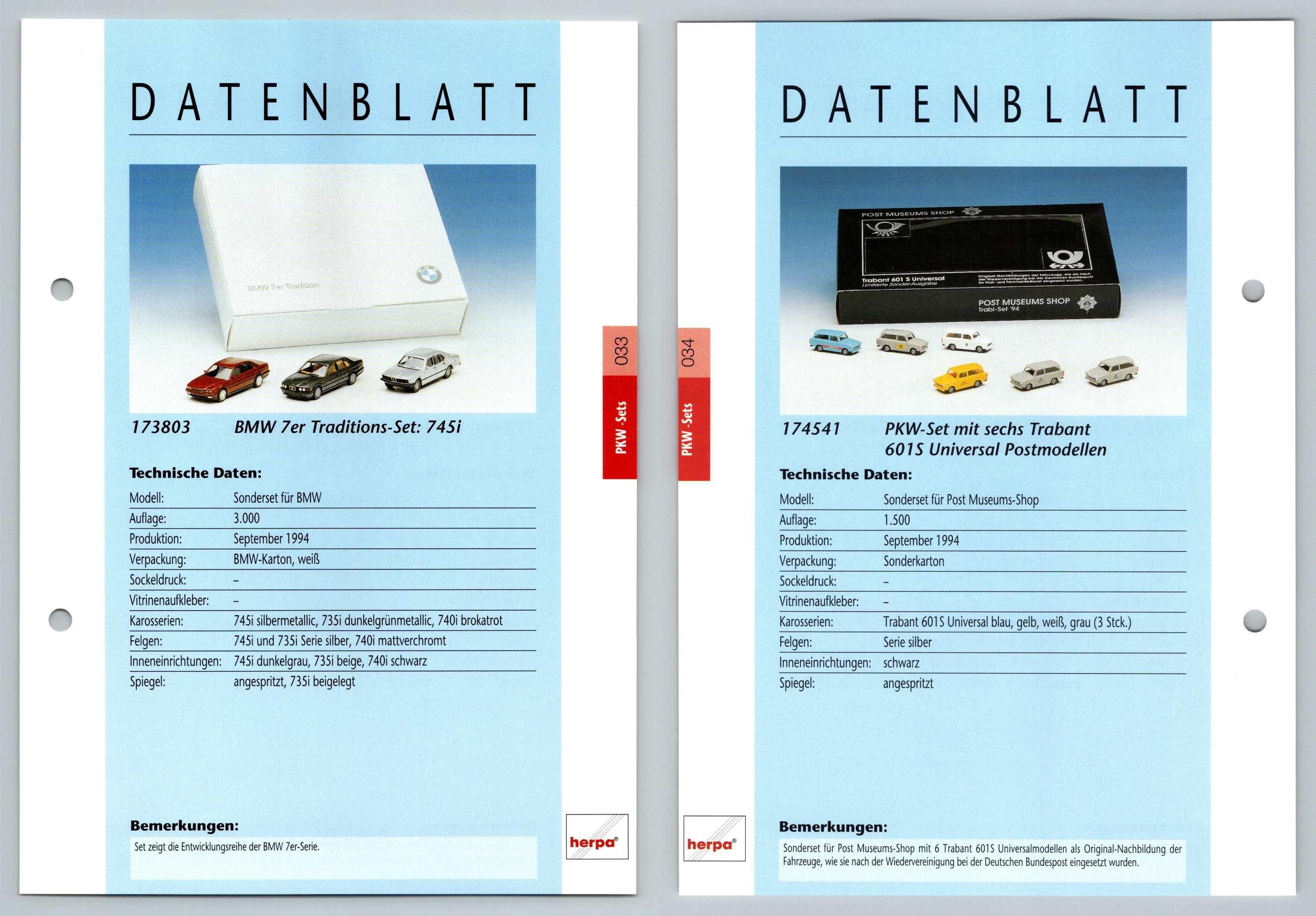 BMW 7er / Trabant 601S #33/34 PKW - Herpa Data Sheet-Breakoutcards