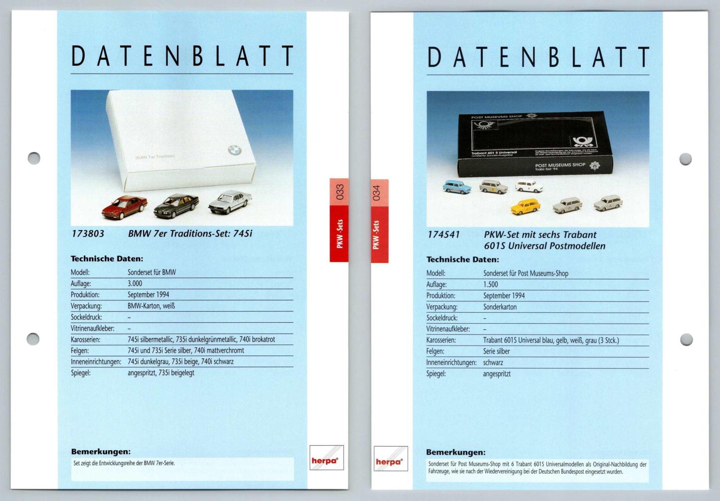 BMW 7er / Trabant 601S #33/34 PKW - Herpa Data Sheet-Breakoutcards