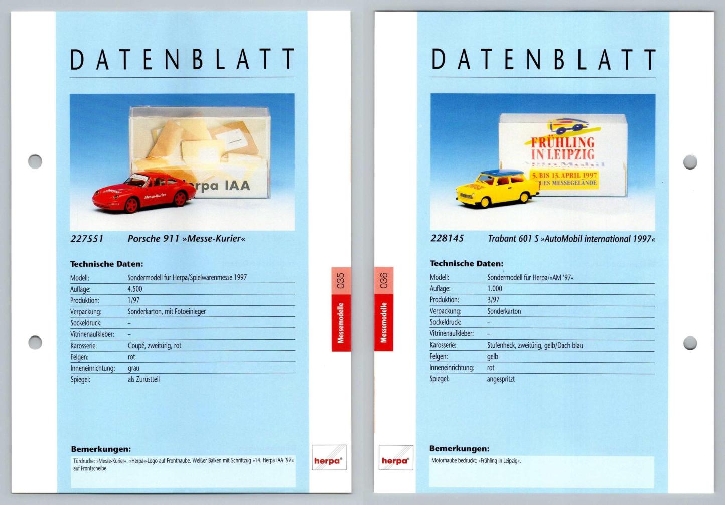 Porsche 911 / Trabant 601 S #35/36 Messemodelle - Herpa Data Sheet-Breakoutcards