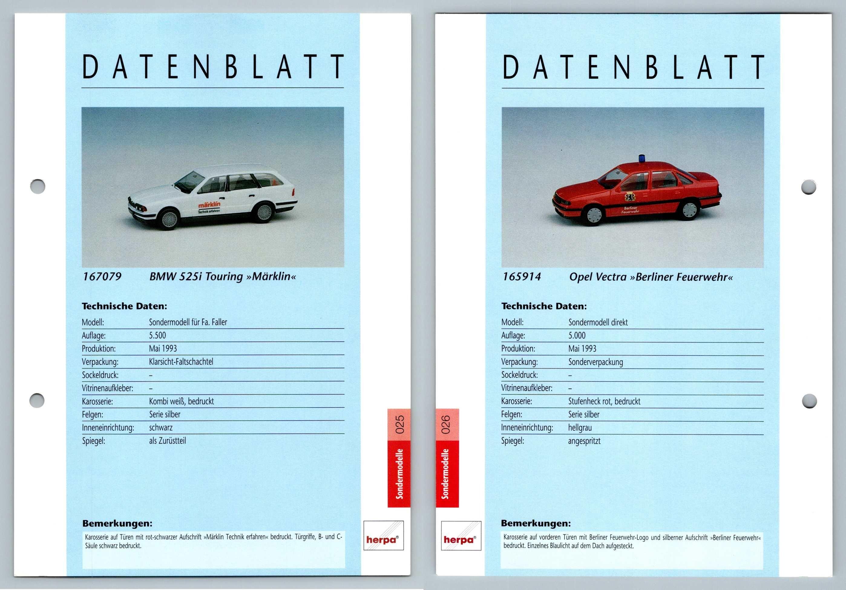 BMW 525i Touring / Opel Vectra #25/26 Sondermodelle - Herpa Data Sheet-Breakoutcards