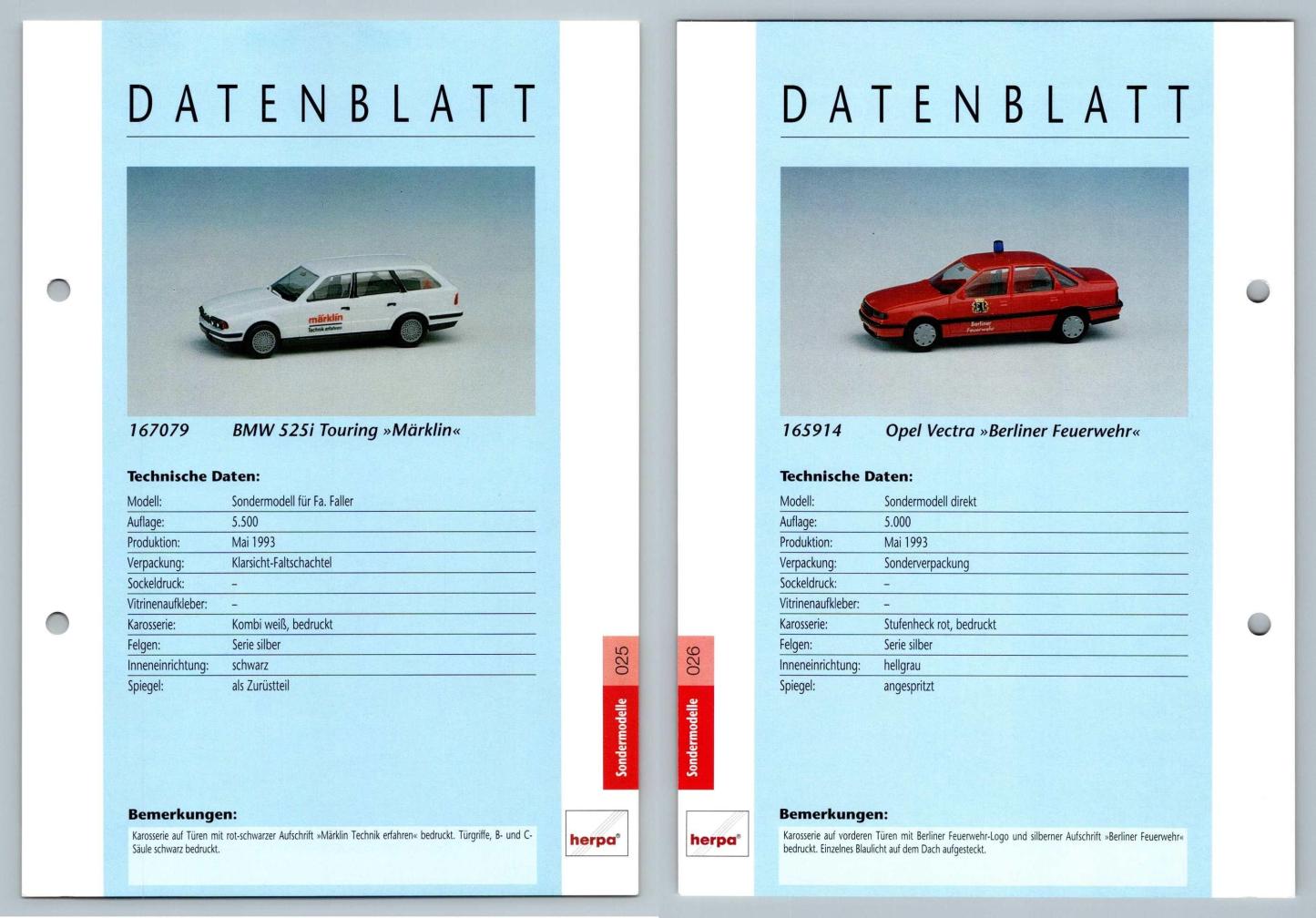 BMW 525i Touring / Opel Vectra #25/26 Sondermodelle - Herpa Data Sheet-Breakoutcards
