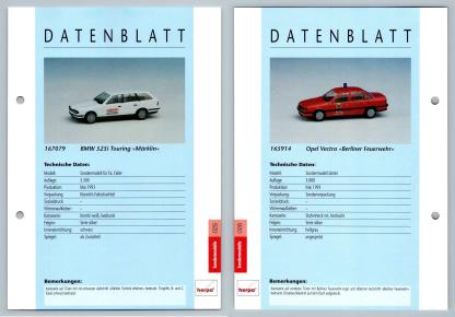 BMW 525i Touring / Opel Vectra #25/26 Sondermodelle - Herpa Data Sheet-Breakoutcards