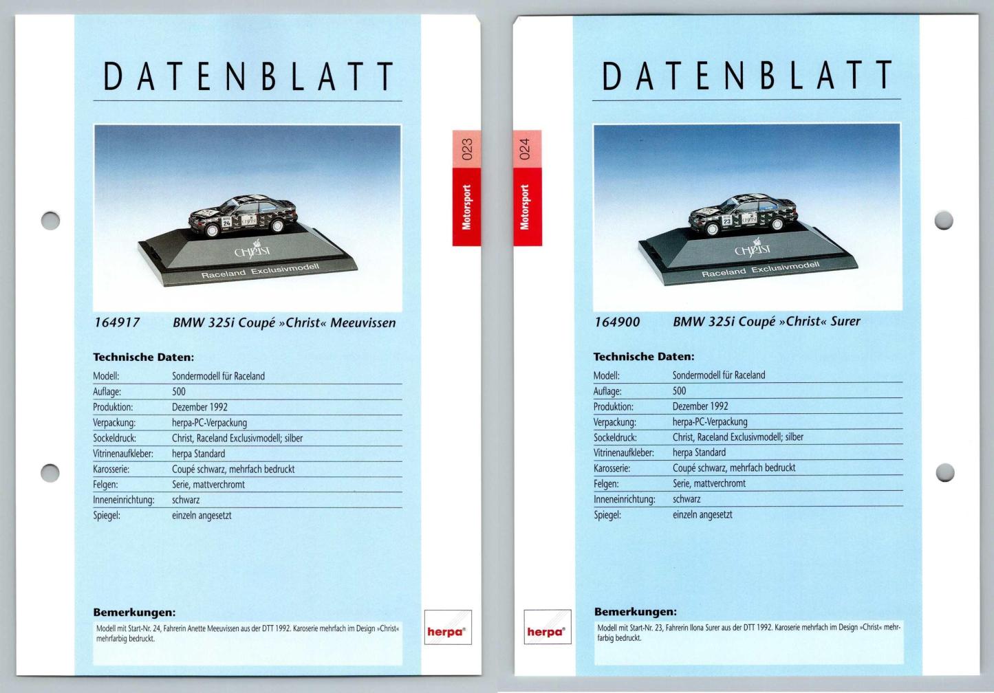 BMW 325i Coupe Christ #23/24 Motorsport - Herpa Data Sheet-Breakoutcards