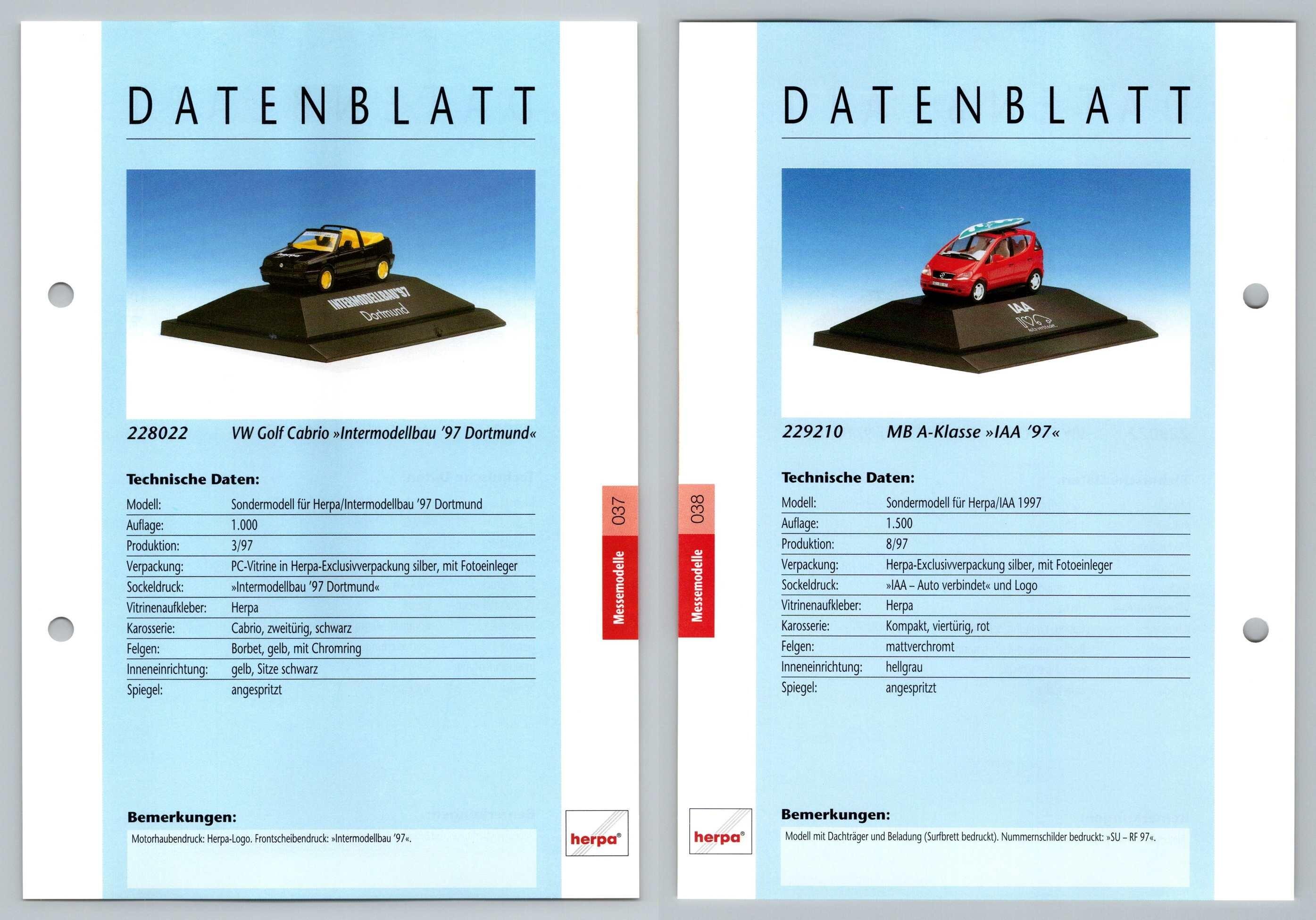VW Golf Cabrio / MB A-Klasse #37/38 Messemodelle - Herpa Data Sheet-Breakoutcards