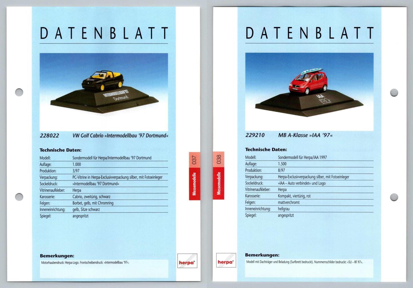 VW Golf Cabrio / MB A-Klasse #37/38 Messemodelle - Herpa Data Sheet-Breakoutcards