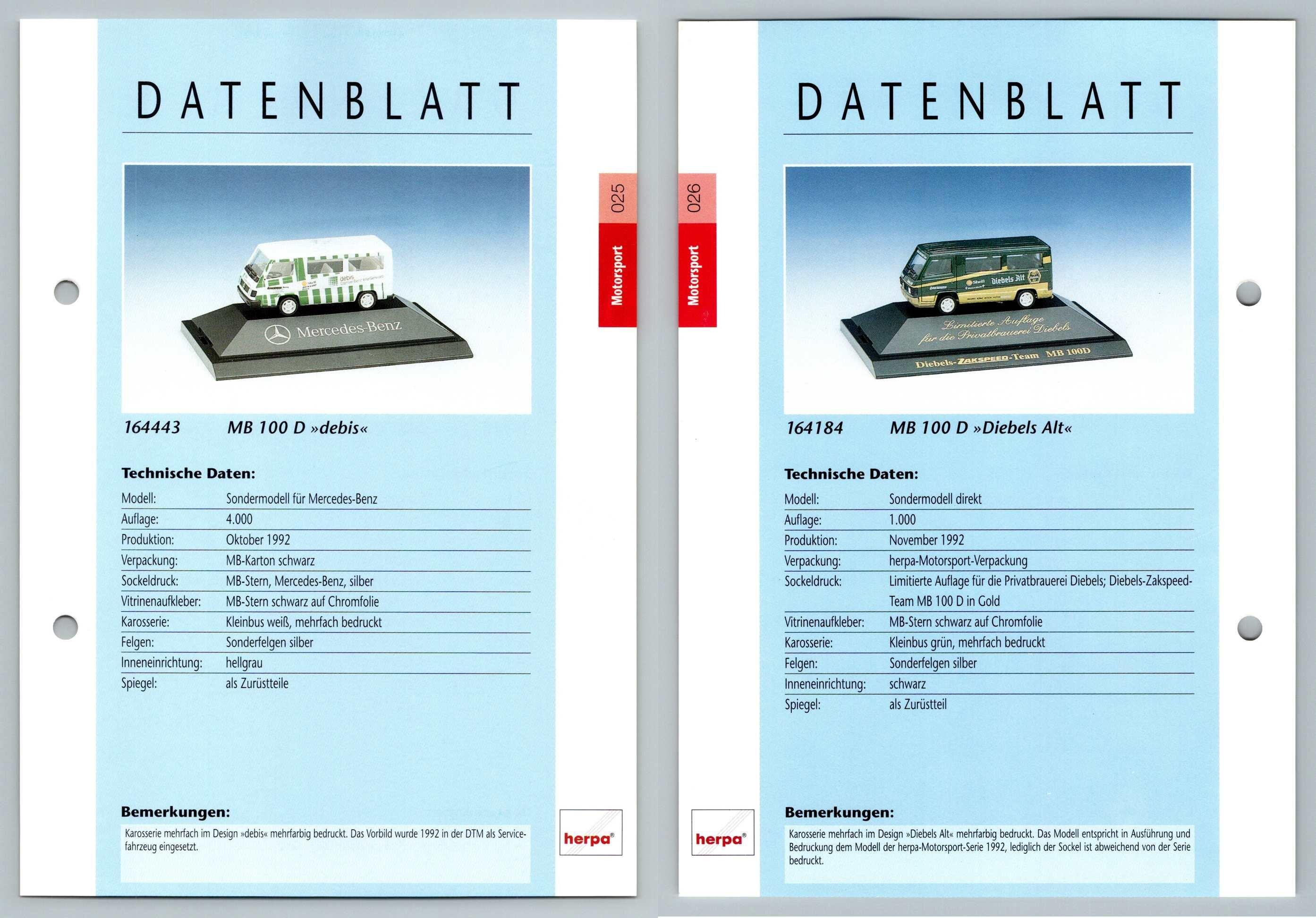Mercedes Benz 100 D Debis / Diebels Alt #25/26 Motorsport - Herpa Data Sheet-Breakoutcards