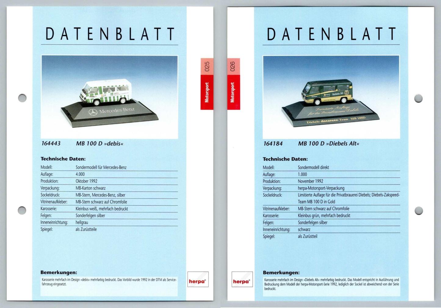 Mercedes Benz 100 D Debis / Diebels Alt #25/26 Motorsport - Herpa Data Sheet-Breakoutcards