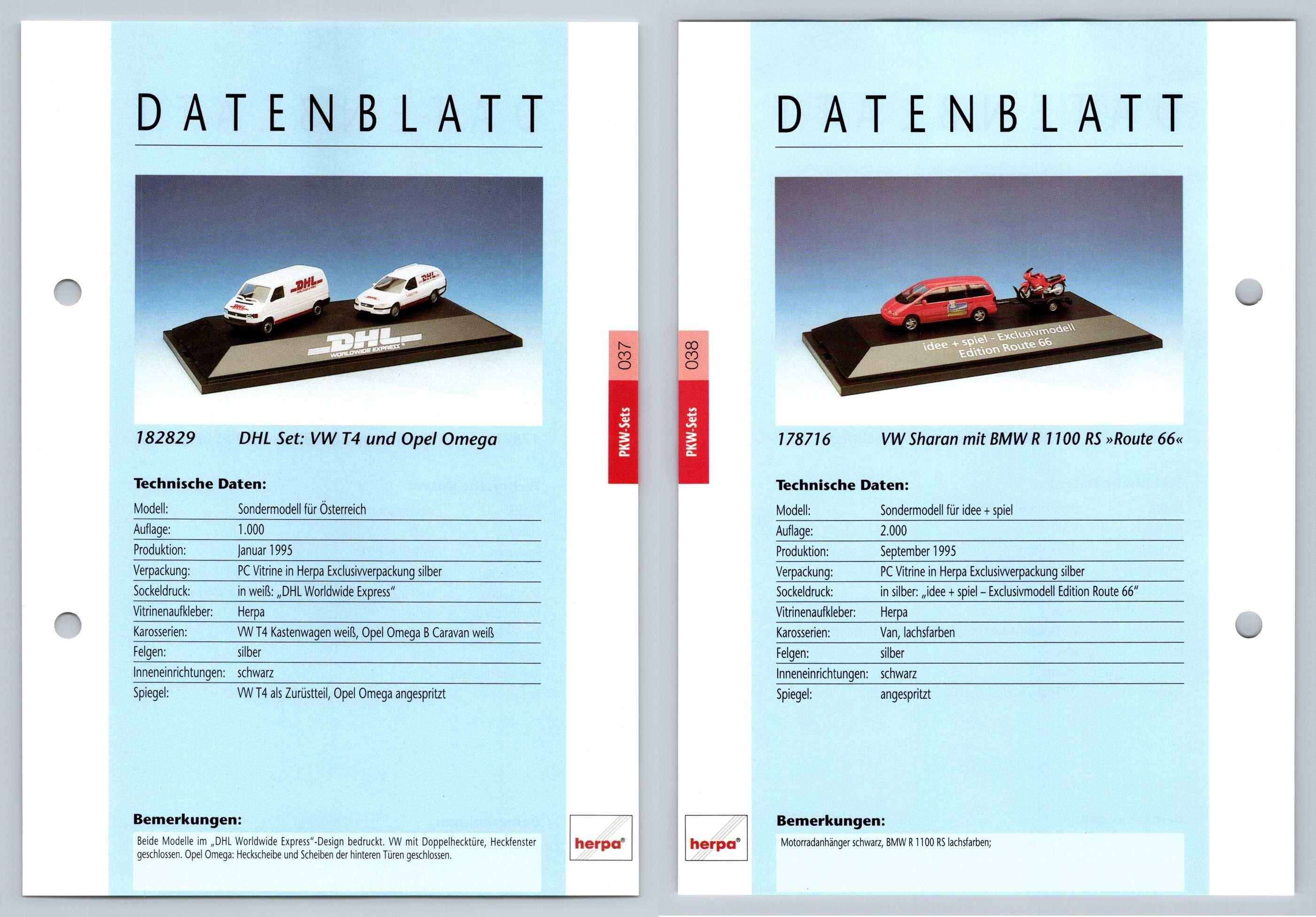 DHL VW T4, Opel Omega / VW Sharan, BMW R 1199RS #37/38 PKW - Herpa Data Sheet-Breakoutcards