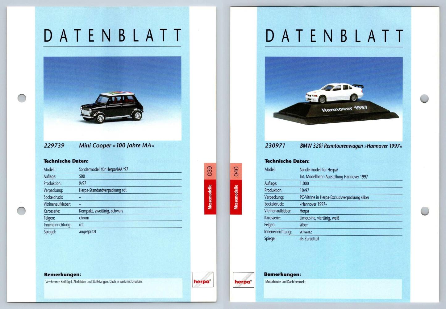 Mini Cooper / BMW 320i #39/40 Messemodelle - Herpa Data Sheet-Breakoutcards