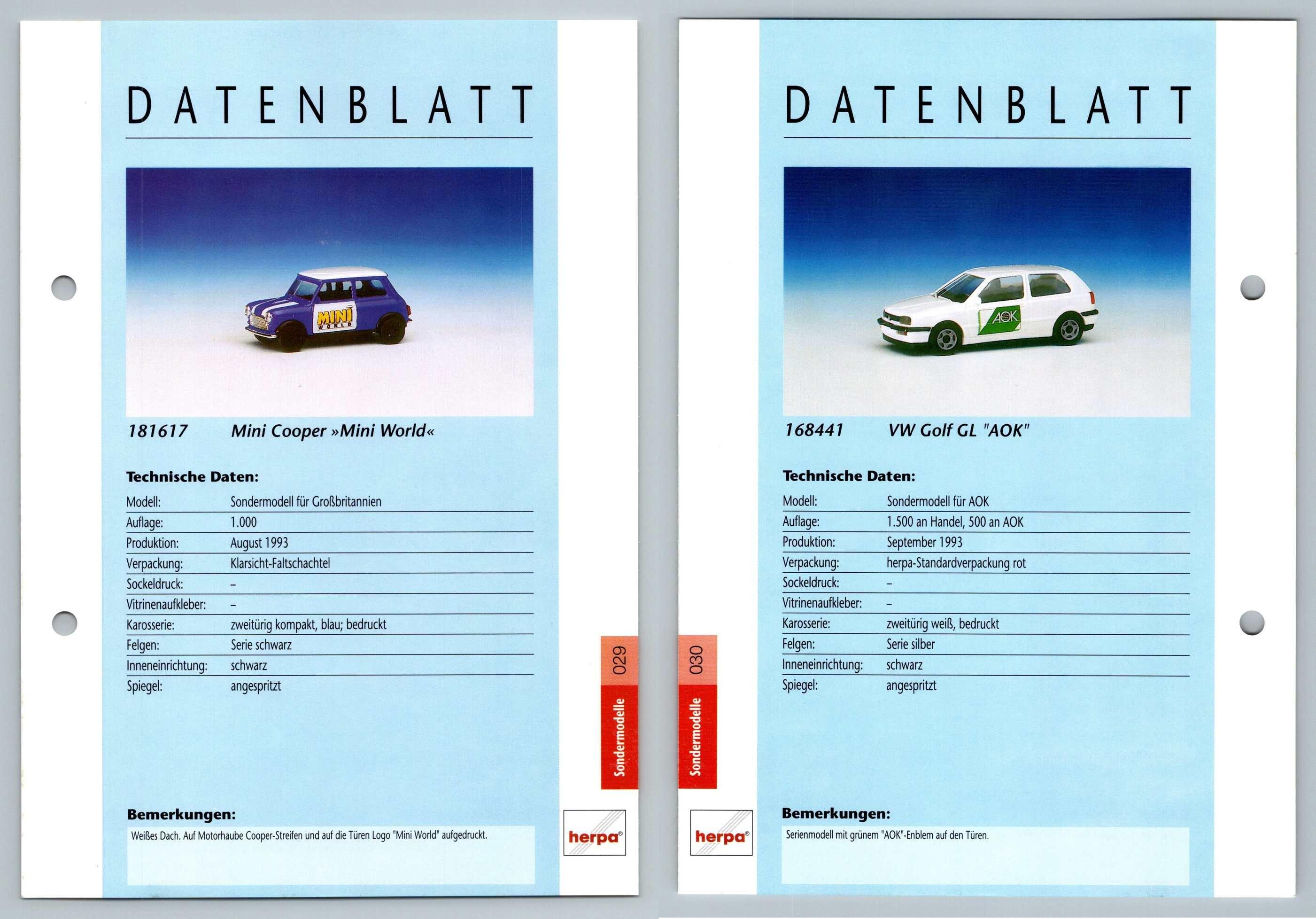 Mini Cooper / VW Golf GL #29/30 Sondermodelle - Herpa Data Sheet-Breakoutcards