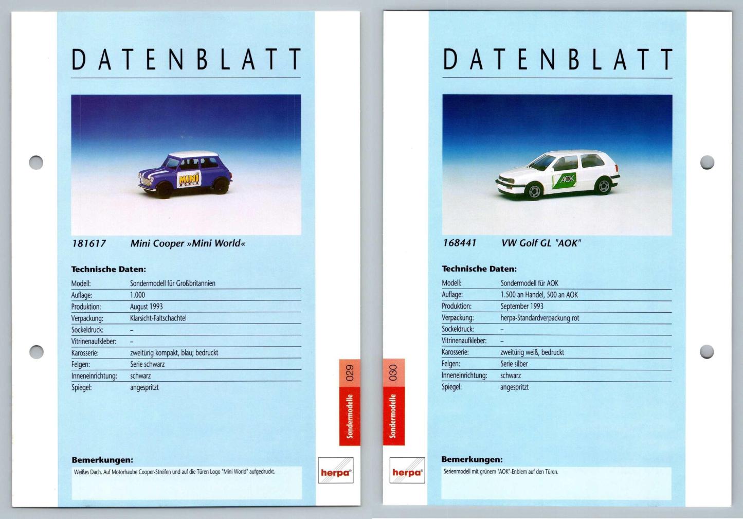 Mini Cooper / VW Golf GL #29/30 Sondermodelle - Herpa Data Sheet-Breakoutcards