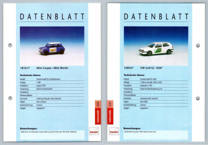 Mini Cooper / VW Golf GL #29/30 Sondermodelle - Herpa Data Sheet-Breakoutcards