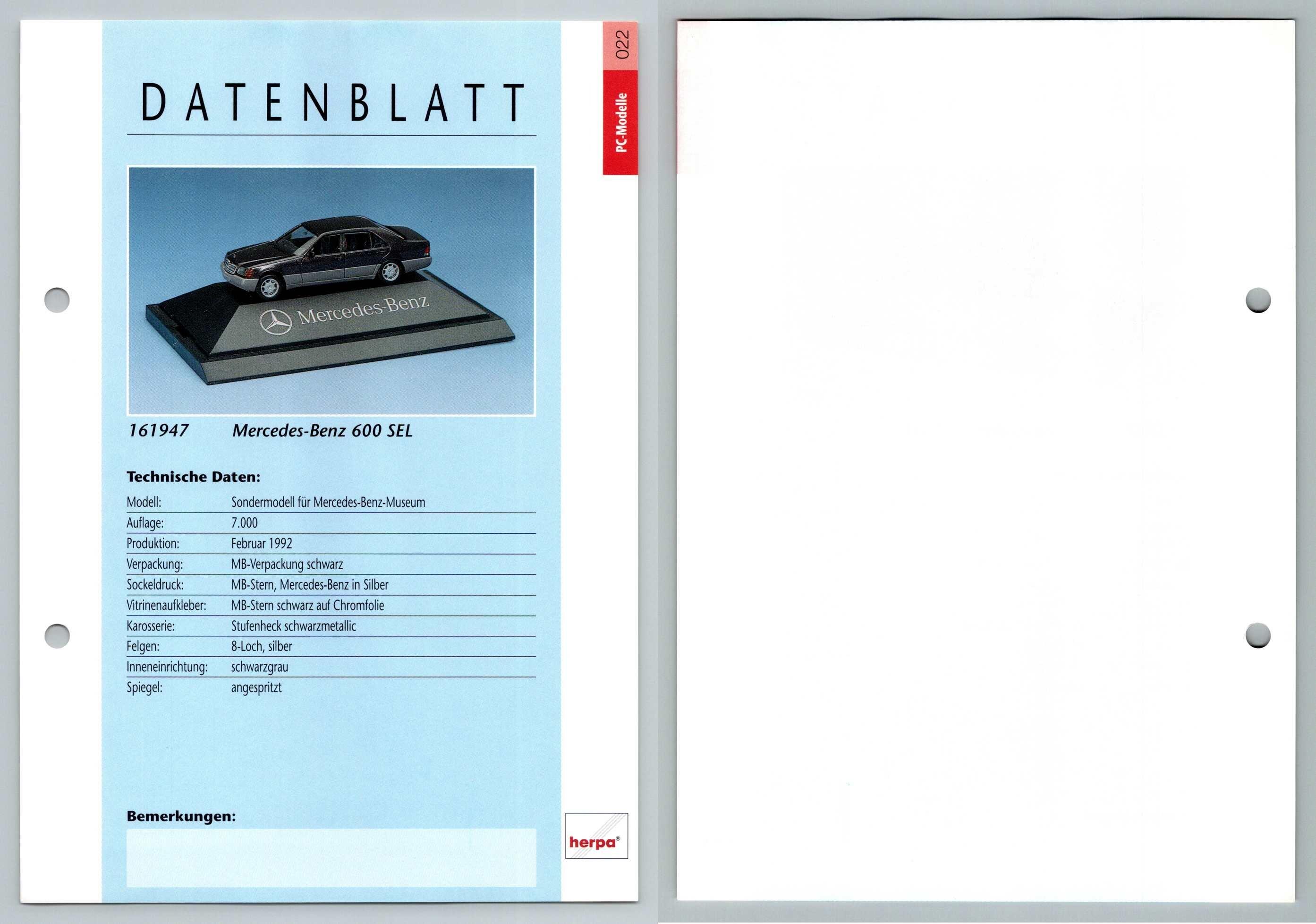 Mercedes Benz 600 SEL #22 PC-Modelle - Herpa Data Sheet-Breakoutcards