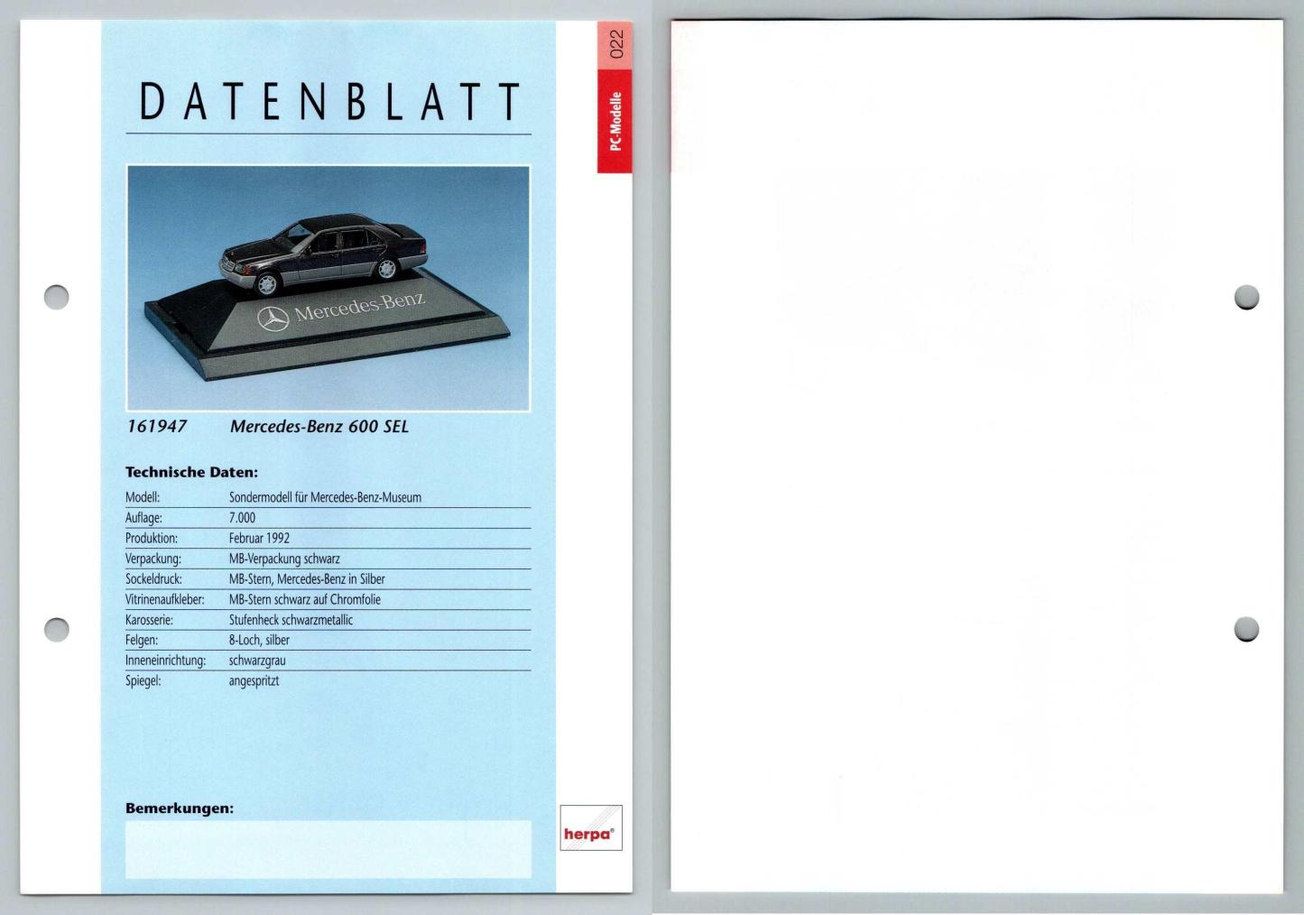 Mercedes Benz 600 SEL #22 PC-Modelle - Herpa Data Sheet-Breakoutcards