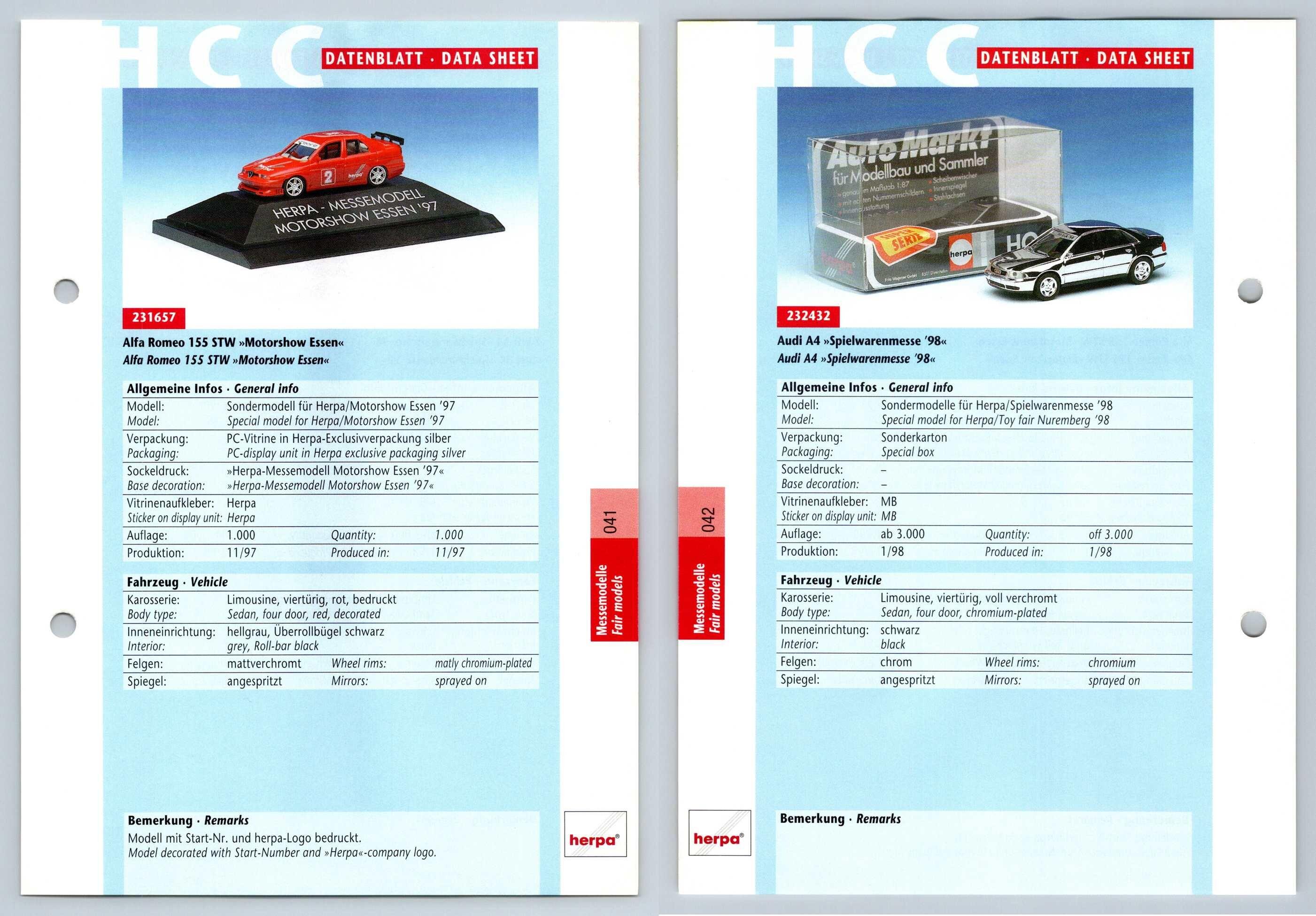 Alfa Romeo 155 STW / Audi A4 #41/42 Messemodelle - Herpa Data Sheet-Breakoutcards