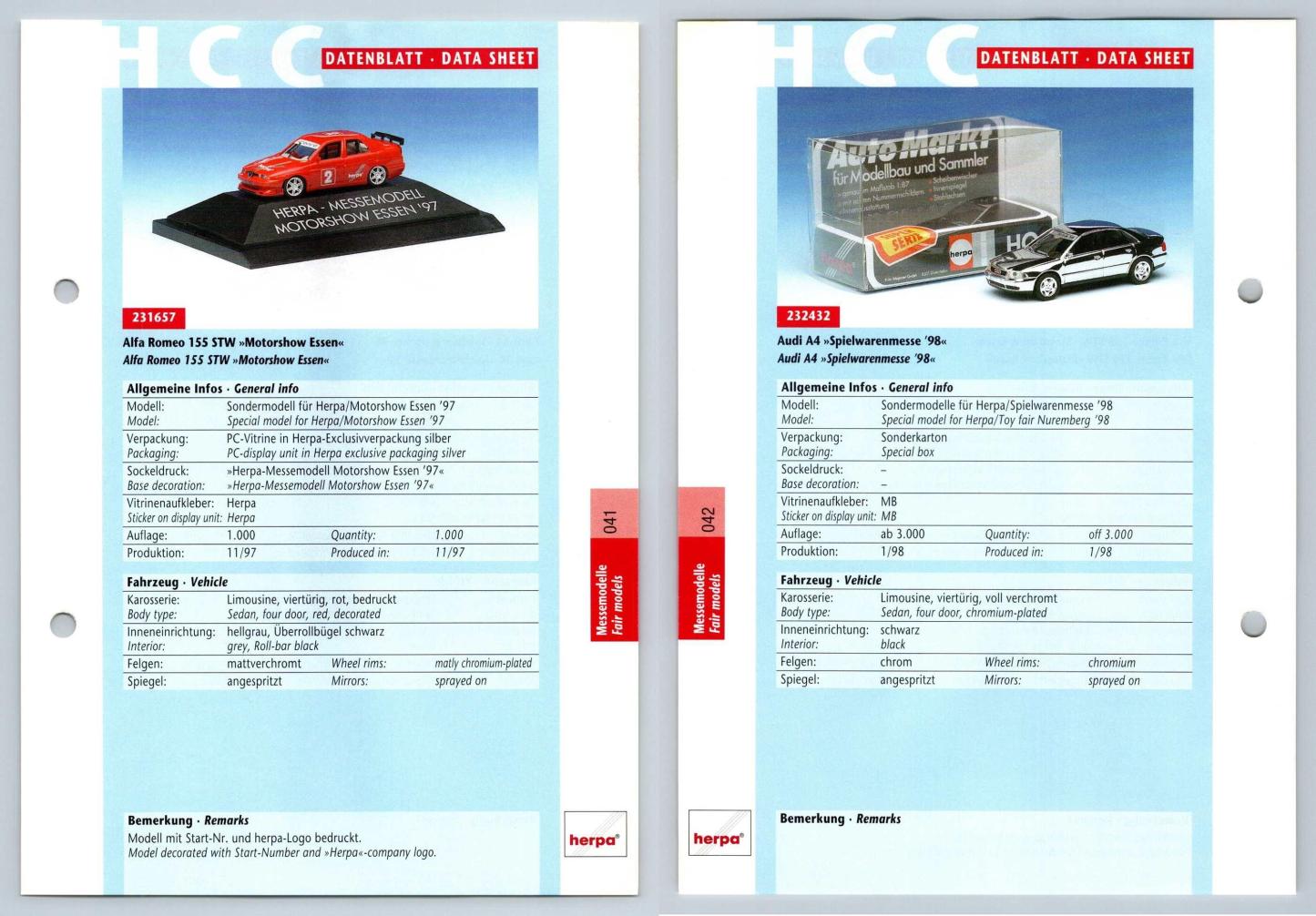 Alfa Romeo 155 STW / Audi A4 #41/42 Messemodelle - Herpa Data Sheet-Breakoutcards