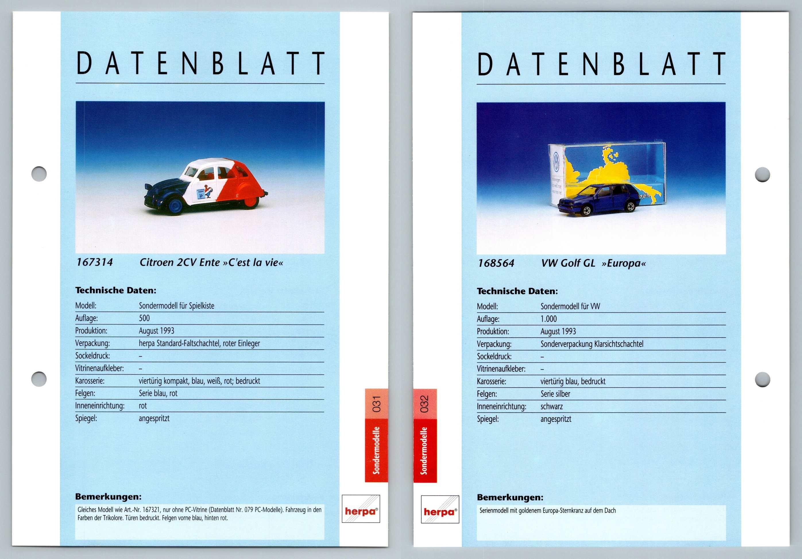 Citroen 2CV / VW Golf GL #31/32 Sondermodelle - Herpa Data Sheet-Breakoutcards