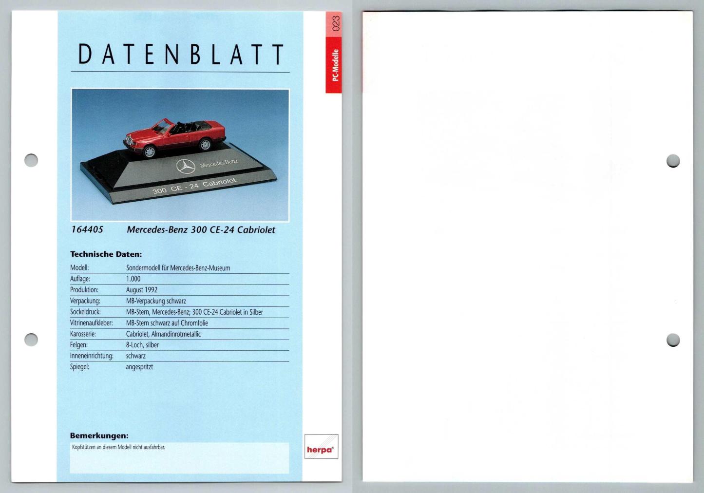 Mercedes Benz 300 CE-24 Cabriolet #23 PC-Modelle - Herpa Data Sheet-Breakoutcards