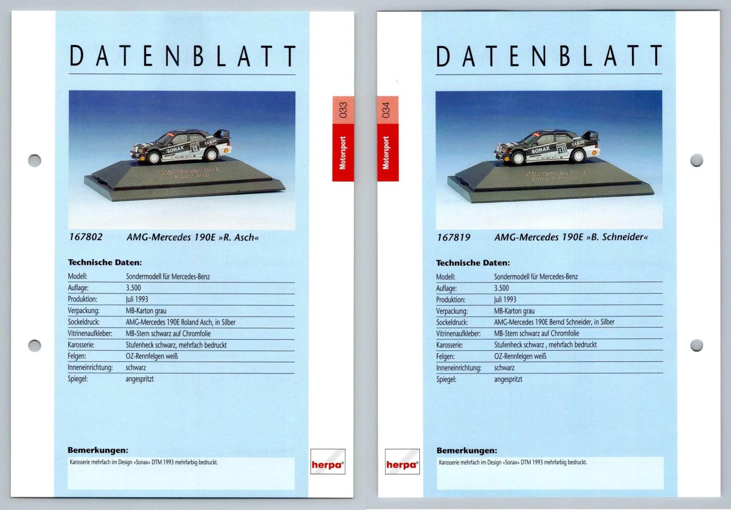 AMG-Mercedes 190E R. Asch / Schneider #33/34 Motorsport - Herpa Data Sheet-Breakoutcards